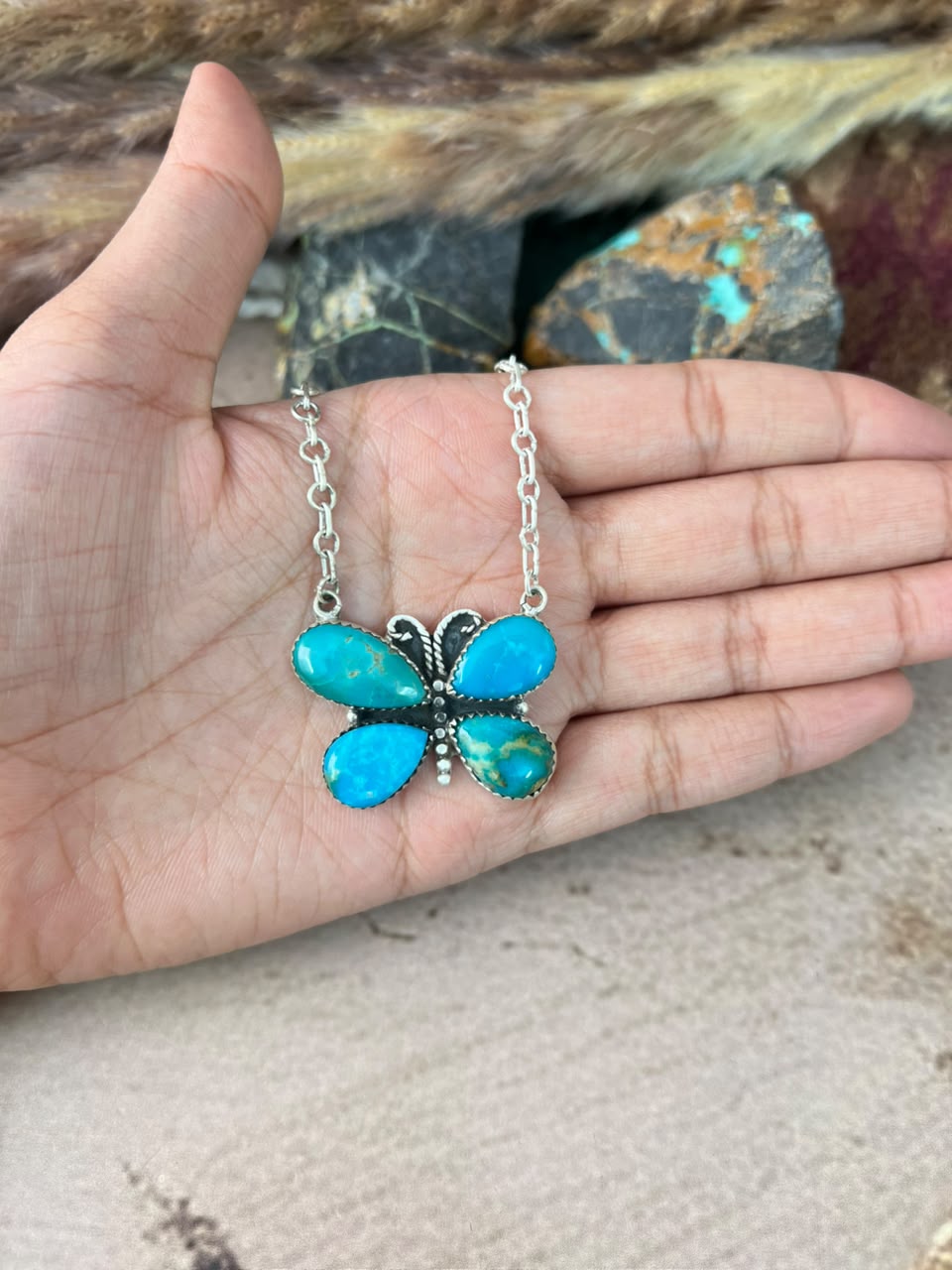 Handmade Sterling Silver Hardy Pit Collection: Butterfly Necklace Signed Nizhoni