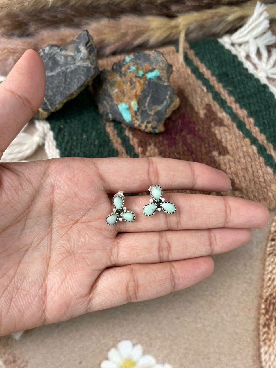 Handmade Sterling Silver Paloma Turquoise Post Studs Earrings Signed Nizhoni