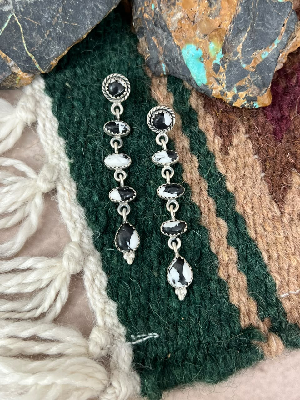 Handmade Sterling Silver White Buffalo Post Dangle Earrings Signed Nizhoni