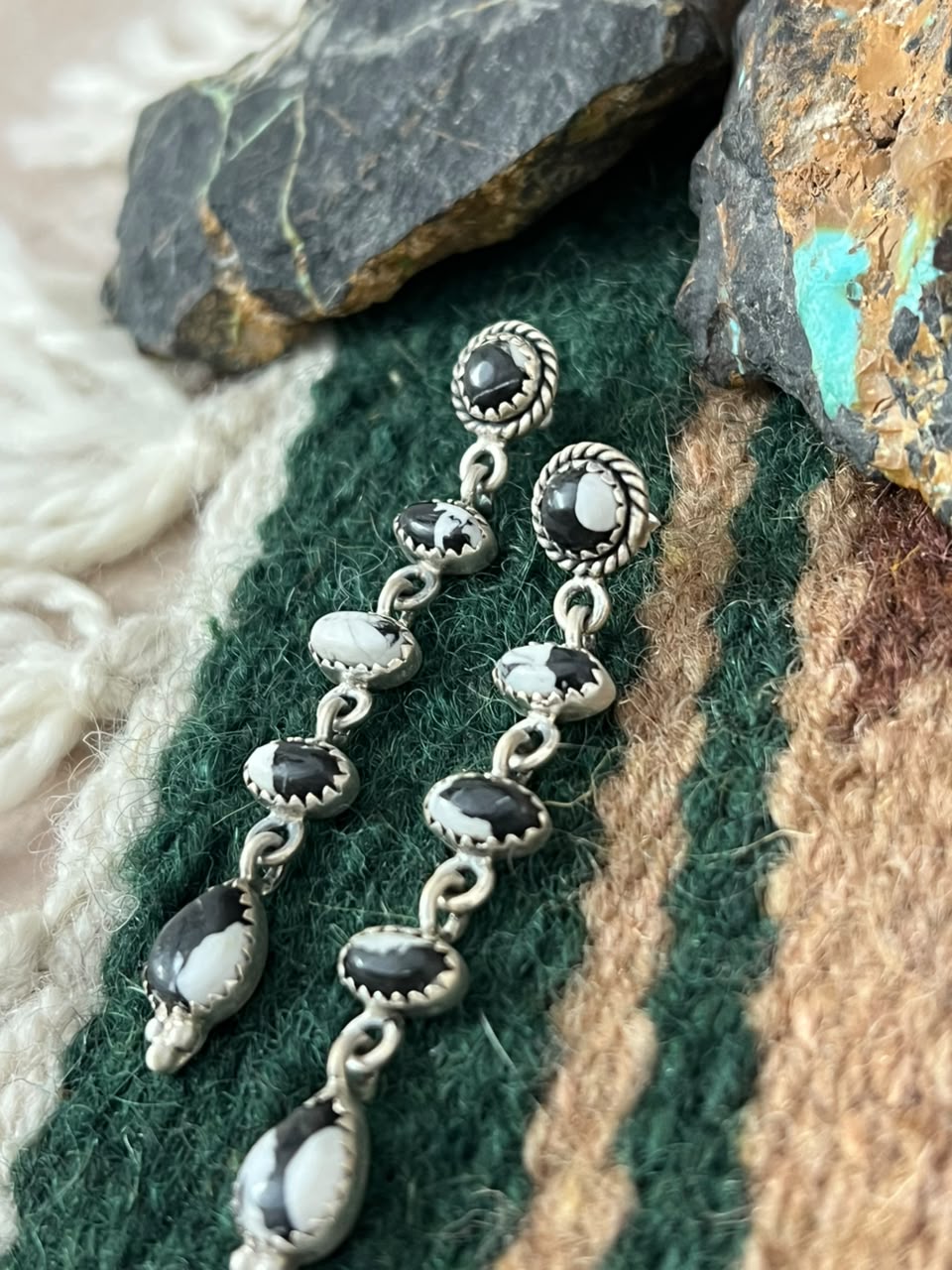 Handmade Sterling Silver White Buffalo Post Dangle Earrings Signed Nizhoni