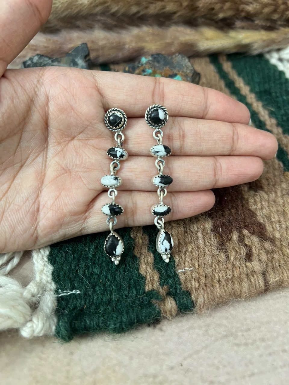 Handmade Sterling Silver White Buffalo Post Dangle Earrings Signed Nizhoni
