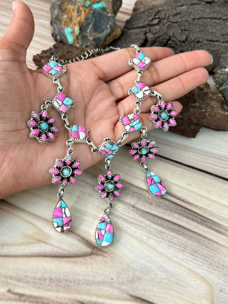 Handmade Sterling Silver Cotton Candy Cobble Stone Necklace Signed Nizhoni