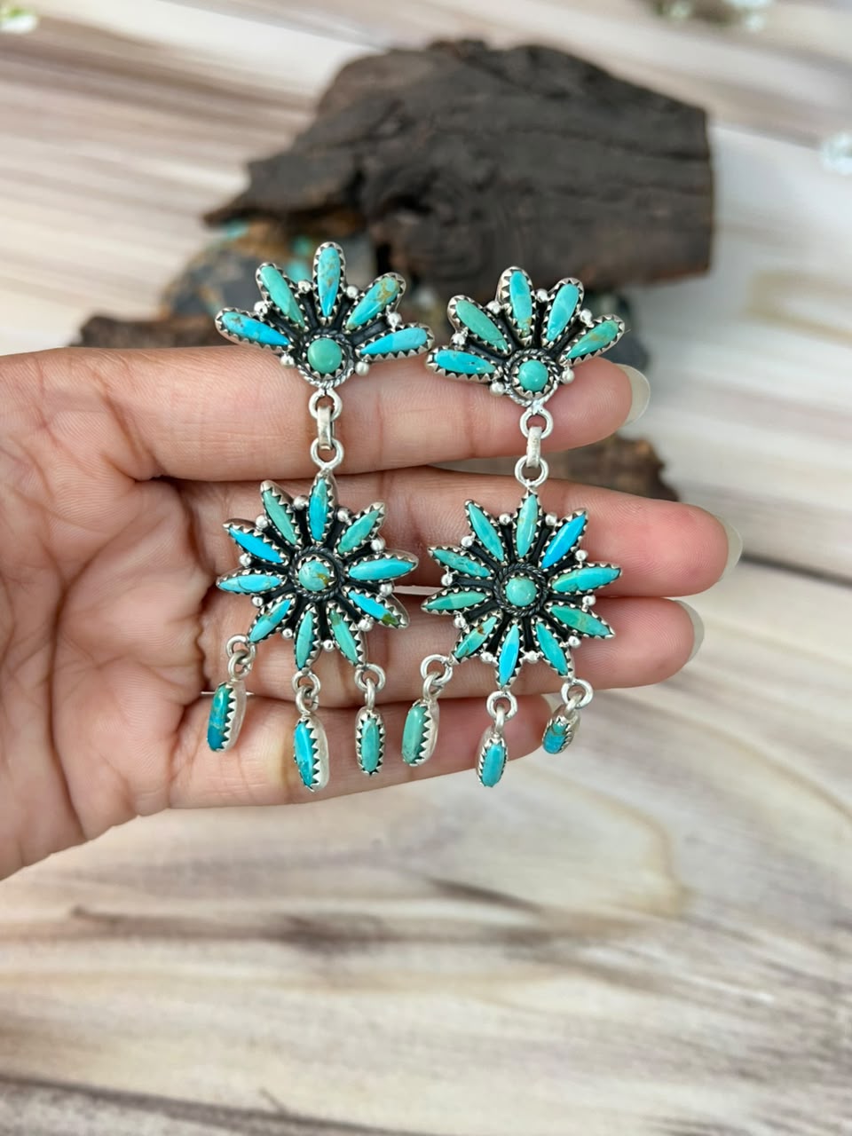 Handmade Sterling Silver Kingman Turquoise Post Dangle Earrings Signed Nizhoni