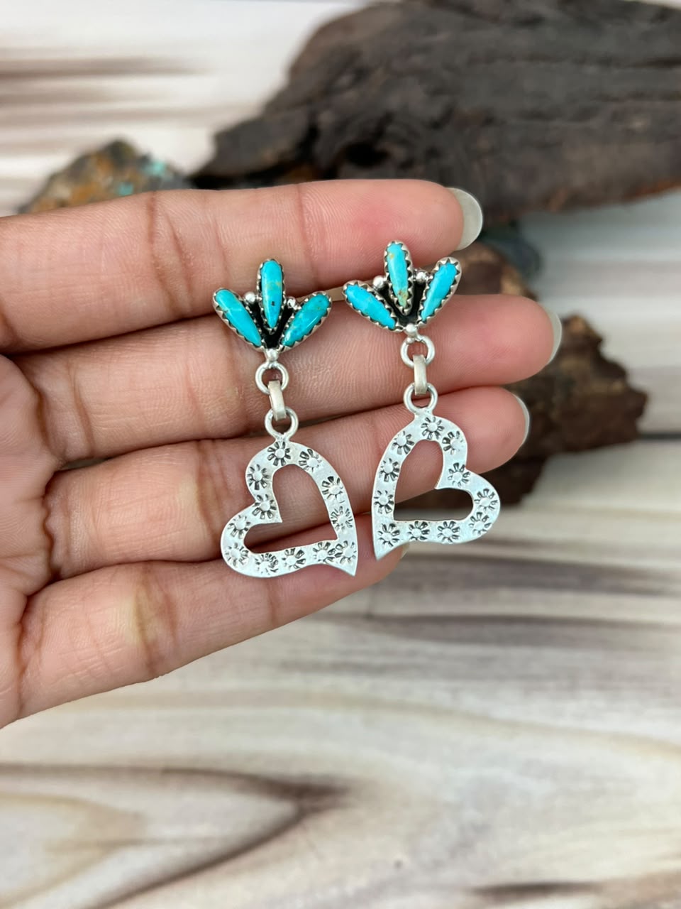 Handmade Sterling Silver Kingman Turquoise Post Dangle Heart Earrings Signed Nizhoni