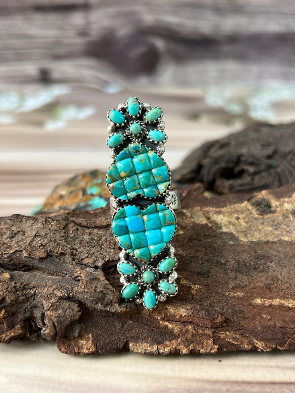 Handmade Sterling Silver Kingman Turquoise Cobble Stone Adjustable Ring Signed Nizhoni