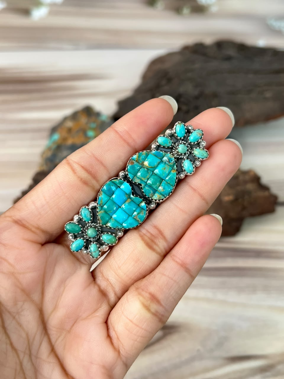 Handmade Sterling Silver Kingman Turquoise Cobble Stone Adjustable Ring Signed Nizhoni