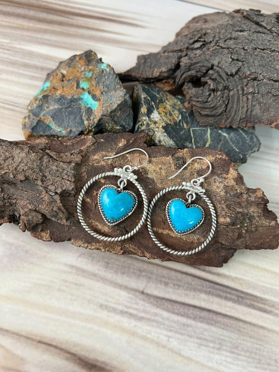 Handmade Sterling Silver Blue Kingman Turquoise Hook Dangle Heart Earrings Signed Nizhoni