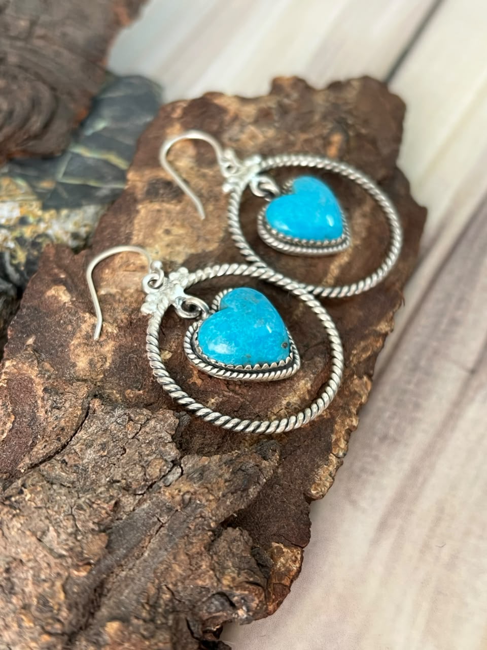Handmade Sterling Silver Blue Kingman Turquoise Hook Dangle Heart Earrings Signed Nizhoni