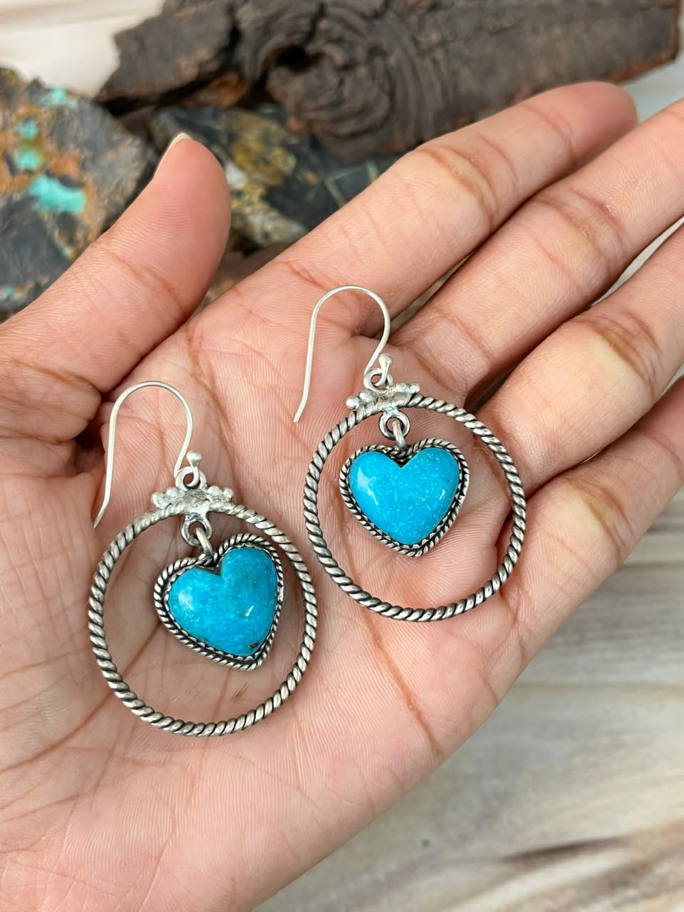 Handmade Sterling Silver Blue Kingman Turquoise Hook Dangle Heart Earrings Signed Nizhoni