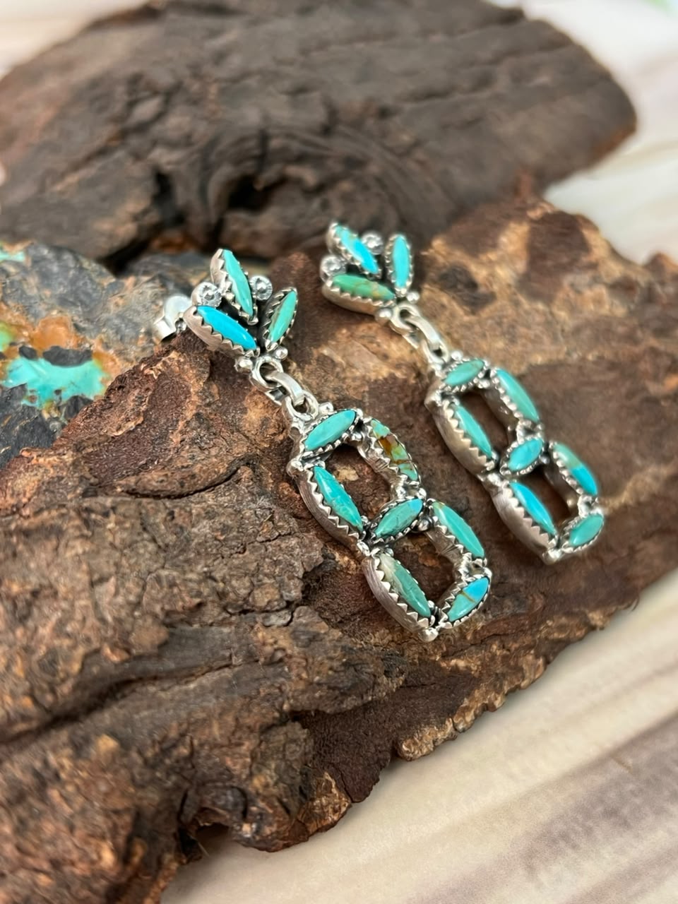 Handmade Sterling Silver Kingman Turquoise Post Dangle Earrings Signed Nizhoni