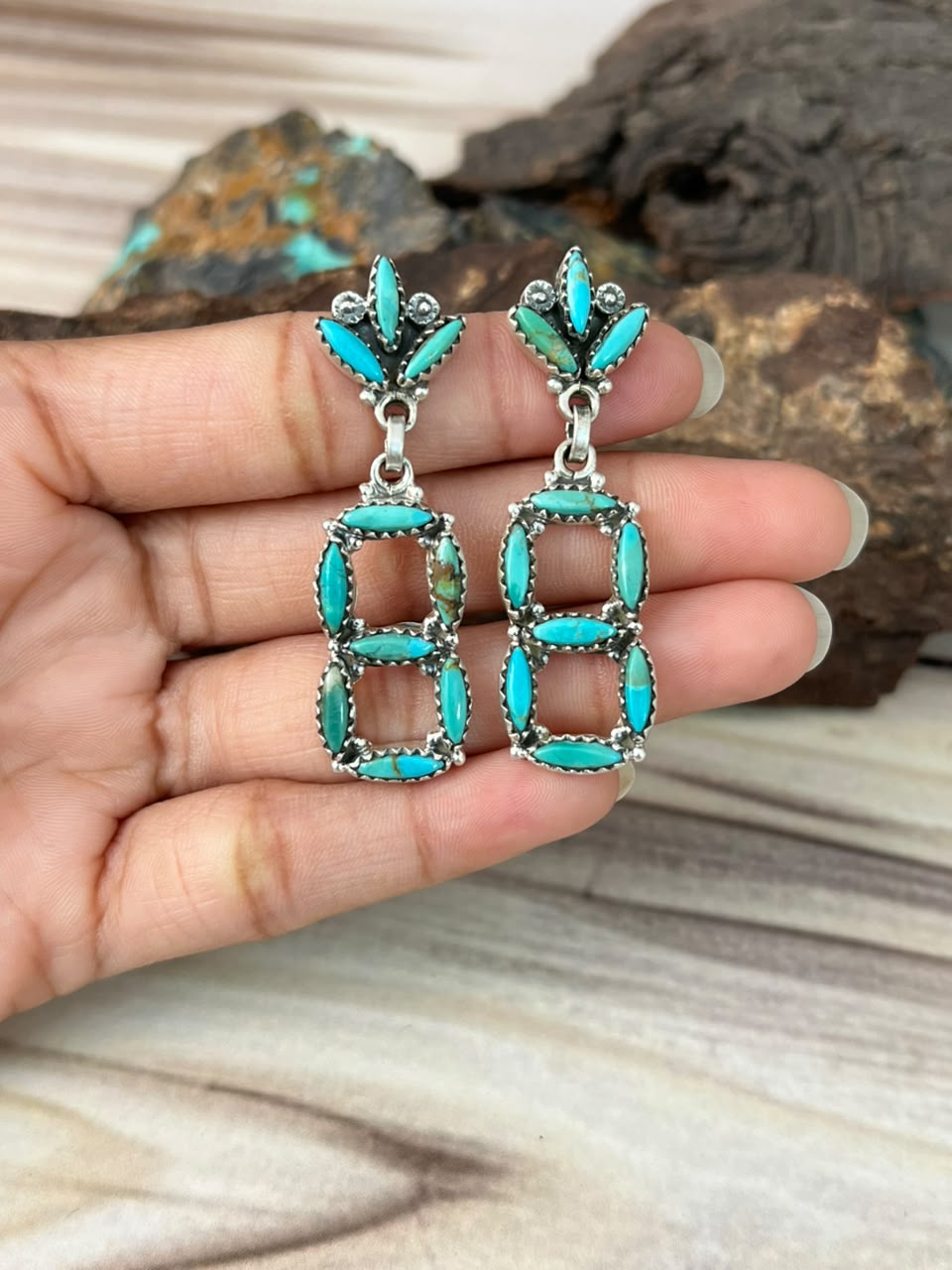 Handmade Sterling Silver Kingman Turquoise Post Dangle Earrings Signed Nizhoni
