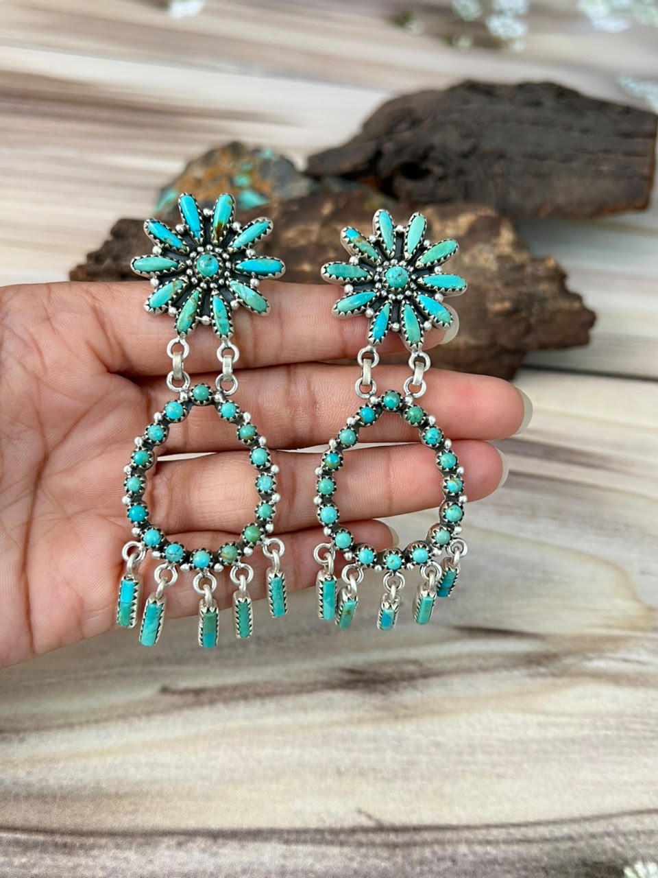 Handmade Sterling Silver Kingman Turquoise Post Dangle Earrings Signed Nizhoni
