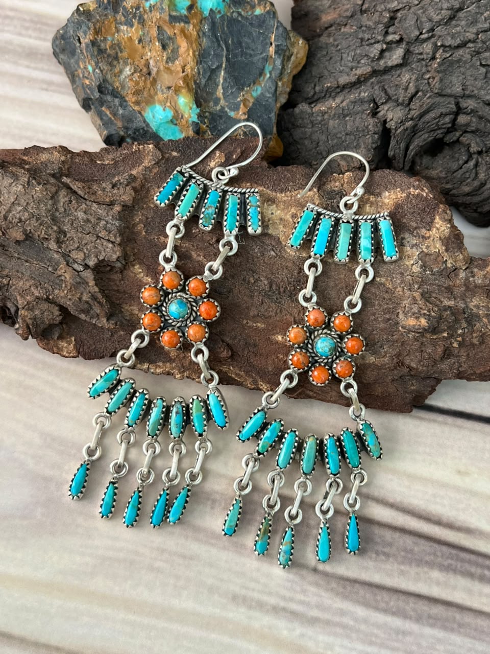 Handmade Sterling Silver Kingman Turquoise with Orange Mojave Hook Dangle Earrings Signed Nizhoni