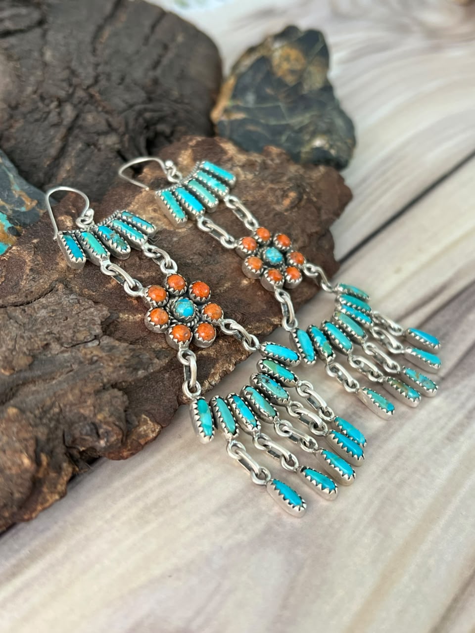 Handmade Sterling Silver Kingman Turquoise with Orange Mojave Hook Dangle Earrings Signed Nizhoni