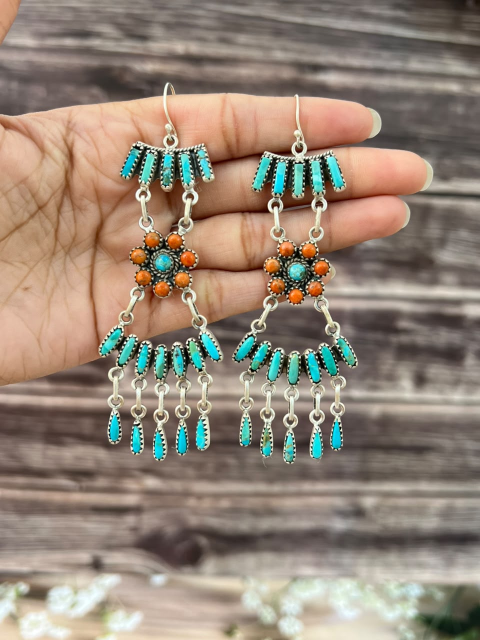 Handmade Sterling Silver Kingman Turquoise with Orange Mojave Hook Dangle Earrings Signed Nizhoni