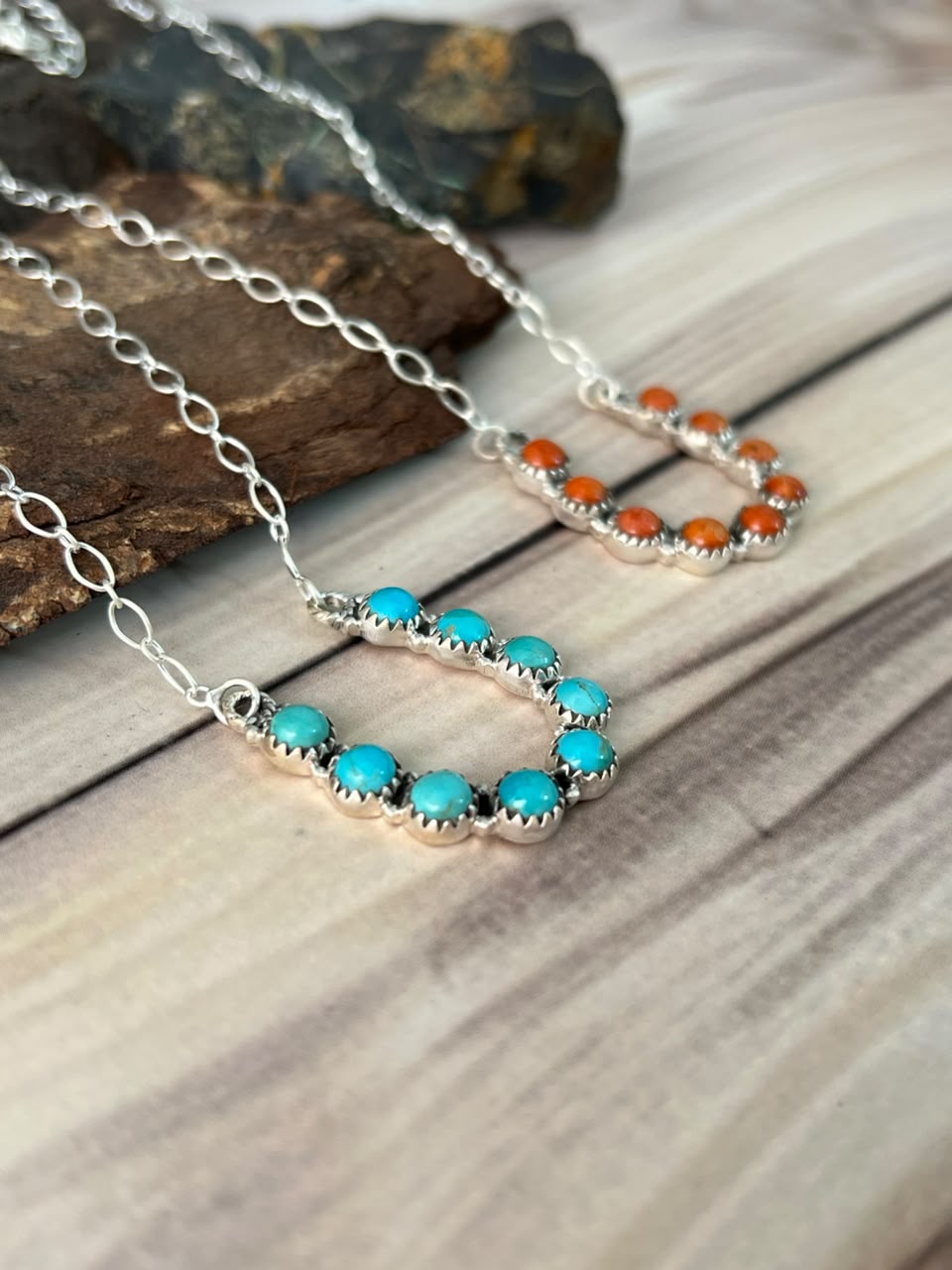 Handmade Sterling Silver Kingman Turquoise with Orange Mojave Necklace Signed Nizhoni