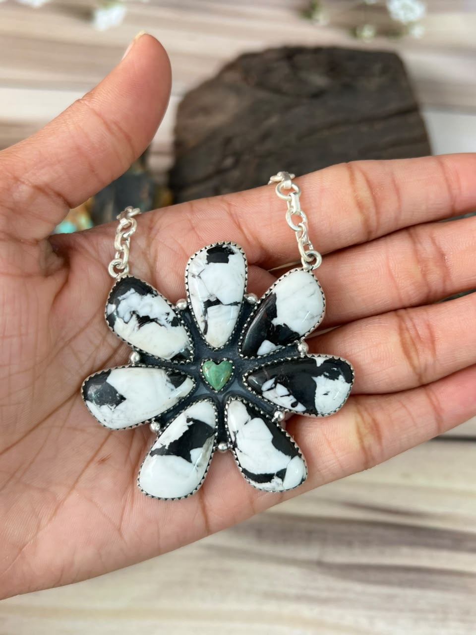 Handmade Sterling Silver Kingman Turquoise with White Buffalo Necklace Signed Nizhoni
