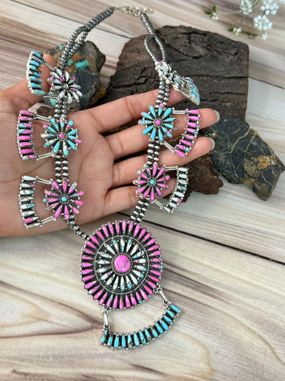 Handmade Sterling Silver Cotton Candy Beaded Necklace Signed Nizhoni