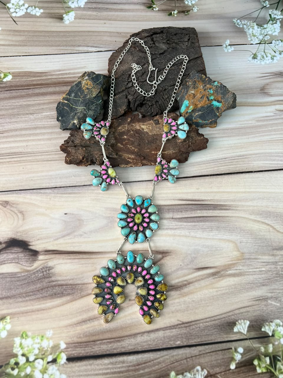 Handmade Sterling Silver Cotton Candy with Palomino and Sierra Bella Turquoise Necklace Signed Nizhoni