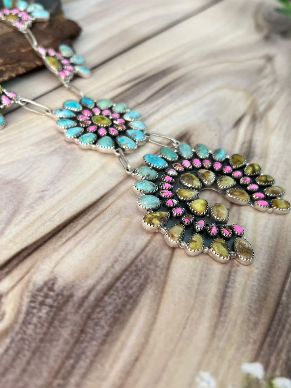 Handmade Sterling Silver Cotton Candy with Palomino and Sierra Bella Turquoise Necklace Signed Nizhoni