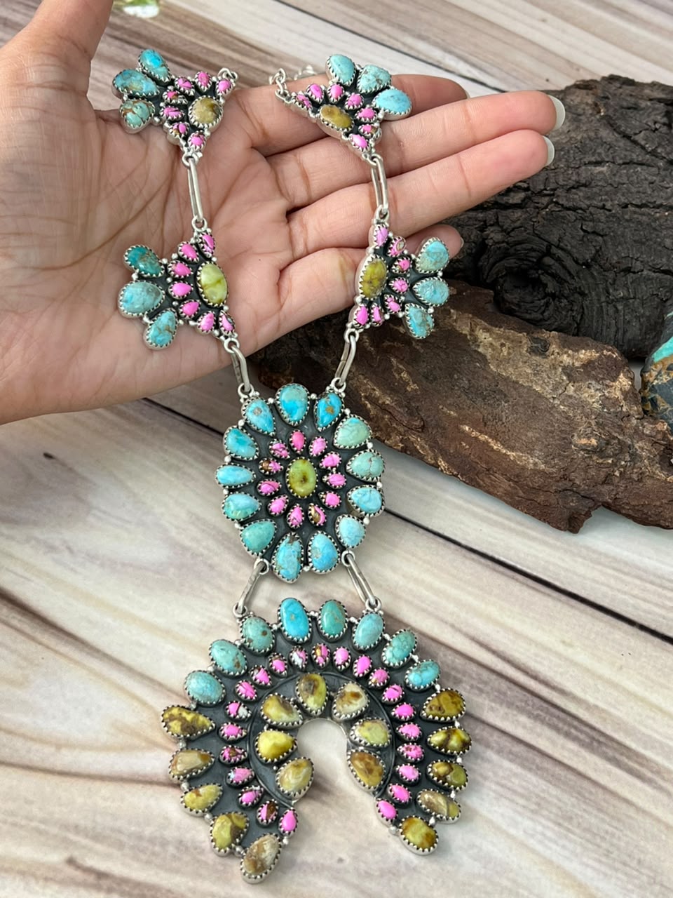 Handmade Sterling Silver Cotton Candy with Palomino and Sierra Bella Turquoise Necklace Signed Nizhoni