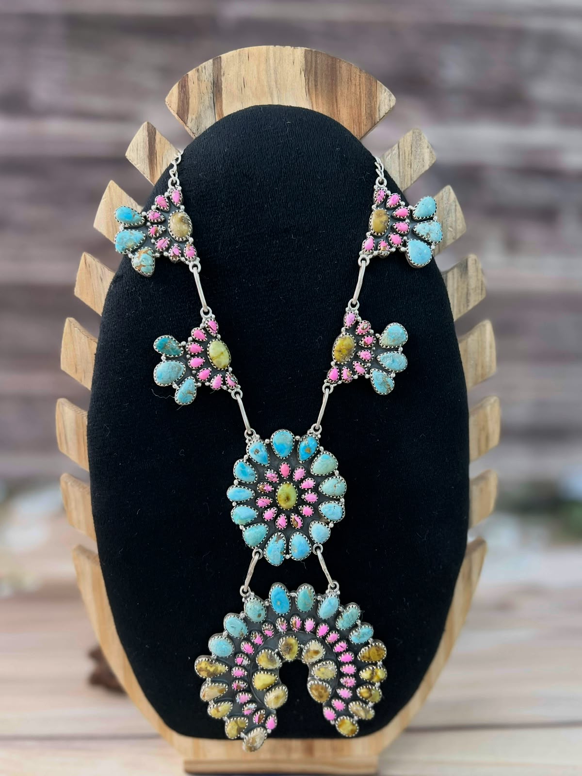 Handmade Sterling Silver Cotton Candy with Palomino and Sierra Bella Turquoise Necklace Signed Nizhoni
