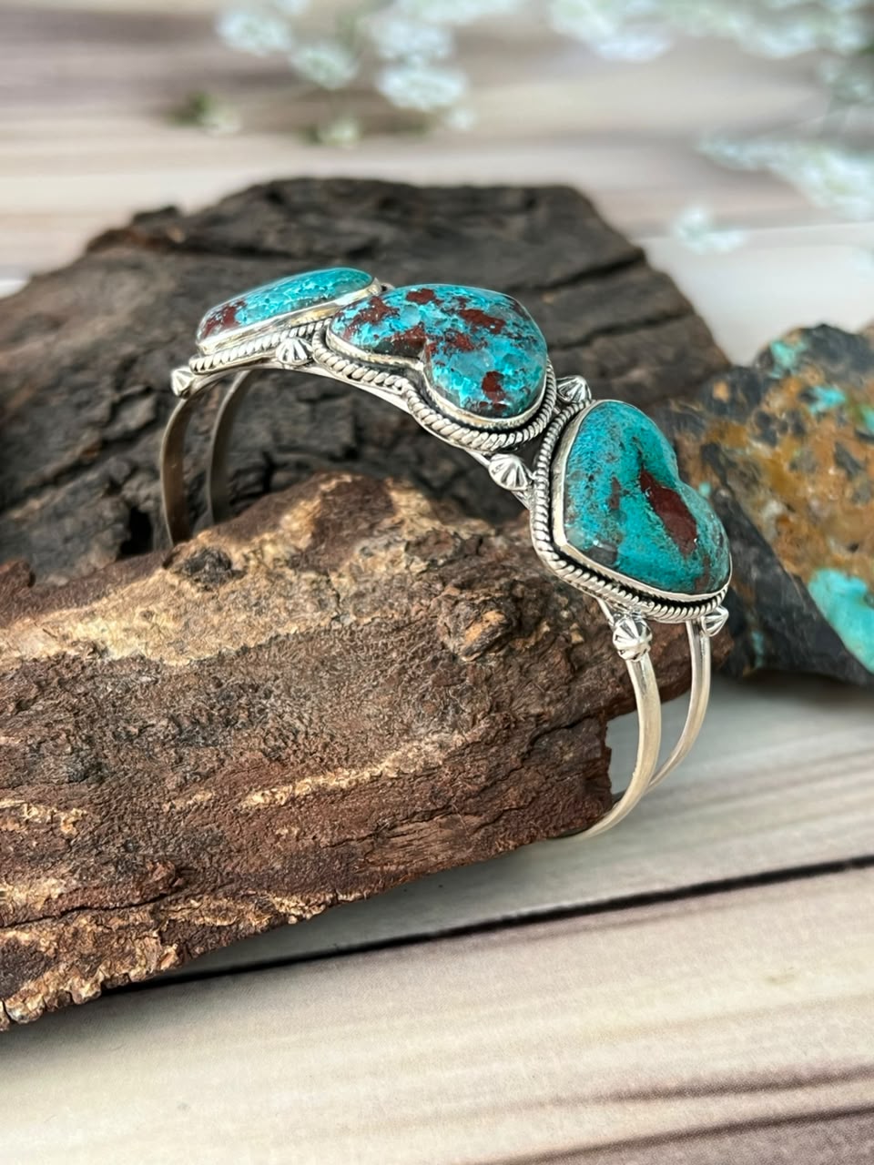 Handmade Sterling Silver Gem Silica Collection: Heart Cuff Bracelet Signed Nizhoni