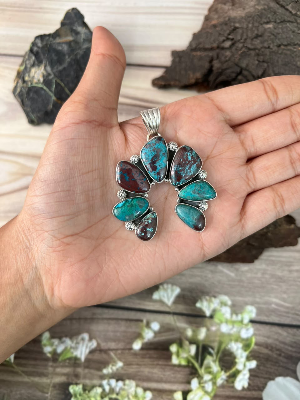 Handmade Sterling Silver Gem Silica Collection: Naja Pendant Signed Nizhoni