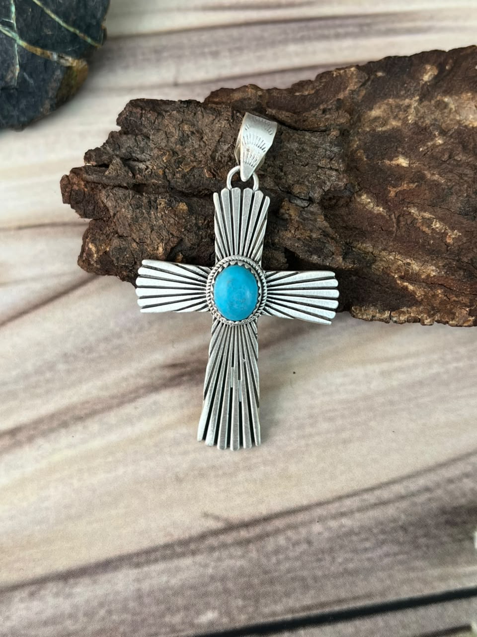 Handmade Sterling Silver Kingman Turquoise Cross Pendant Signed Nizhoni