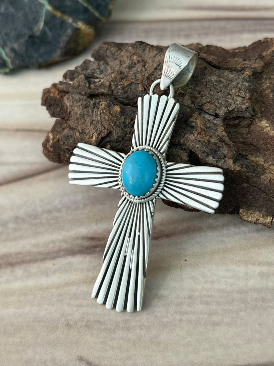 Handmade Sterling Silver Kingman Turquoise Cross Pendant Signed Nizhoni