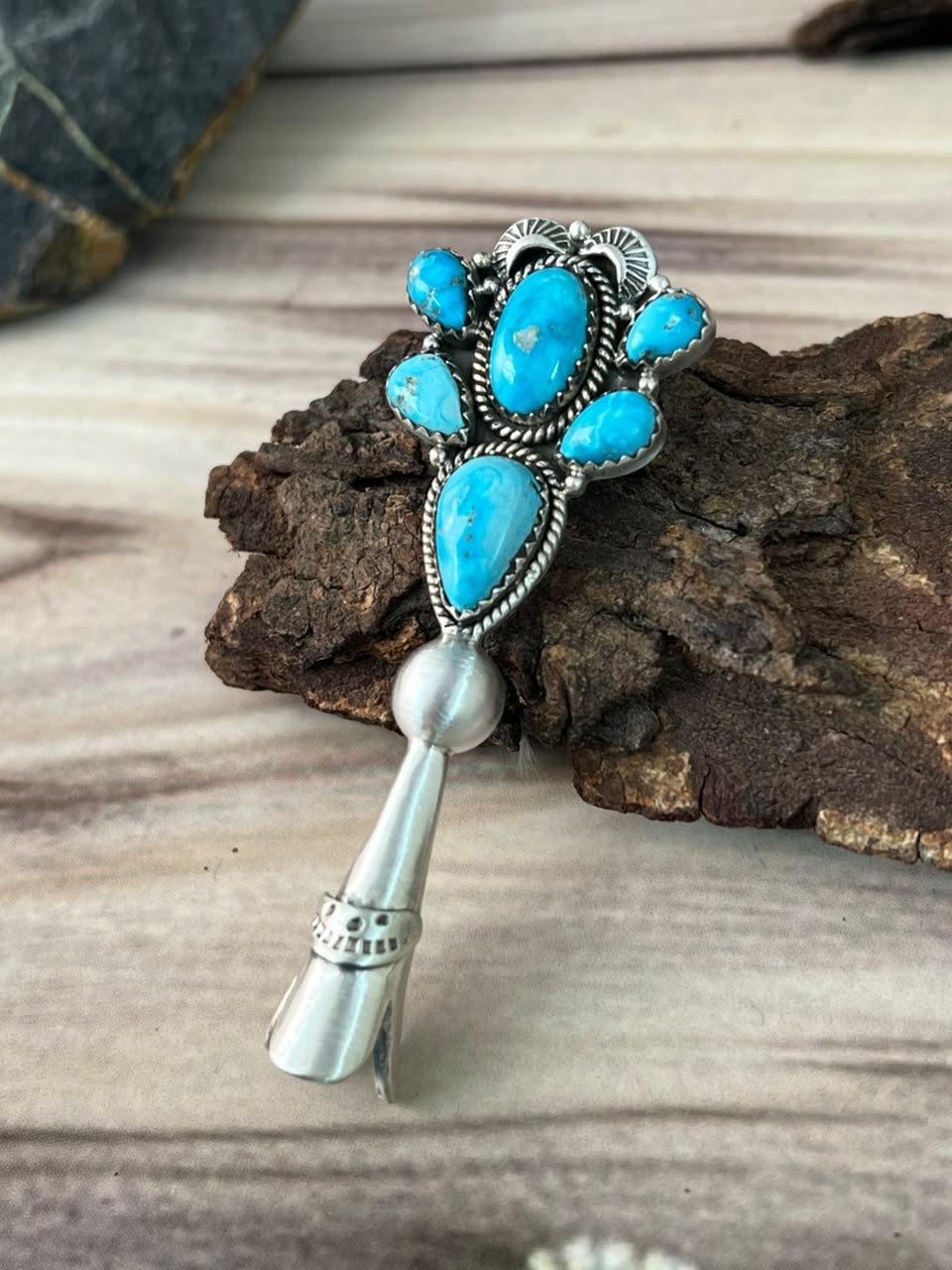 Handmade Sterling Silver Sierra Bella Turquoise Squash Blossom Pendant Signed Nizhoni (7)