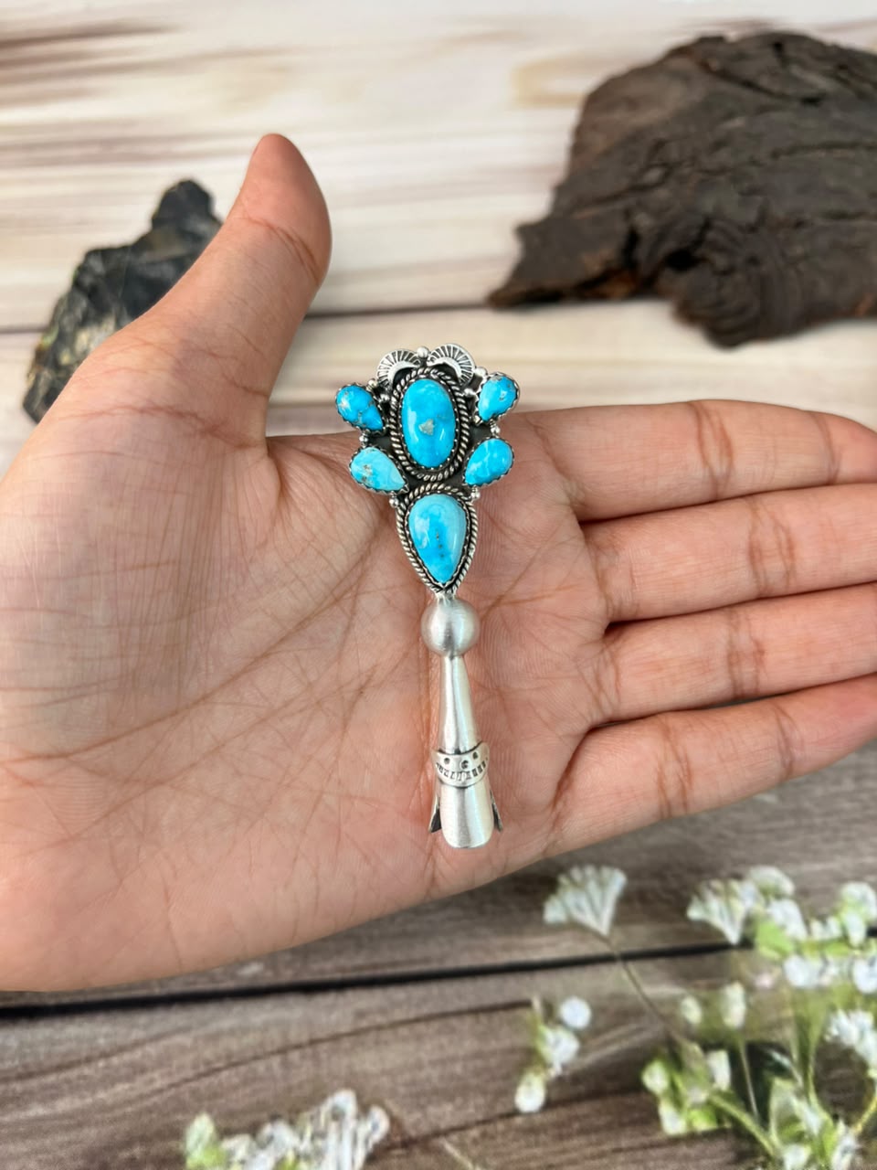 Handmade Sterling Silver Sierra Bella Turquoise Squash Blossom Pendant Signed Nizhoni (7)