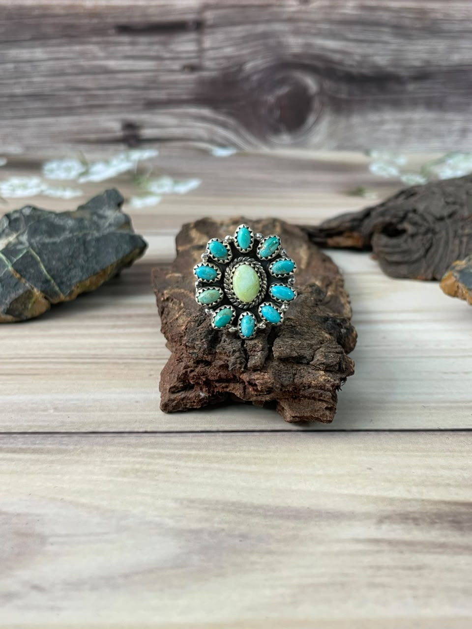 Handmade Sterling Silver Paloma with Kingman Turquoise Adjustable Ring Signed Nizhoni