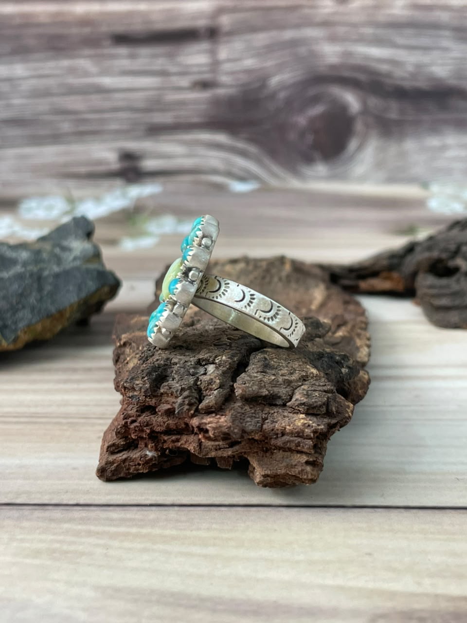 Handmade Sterling Silver Paloma with Kingman Turquoise Adjustable Ring Signed Nizhoni