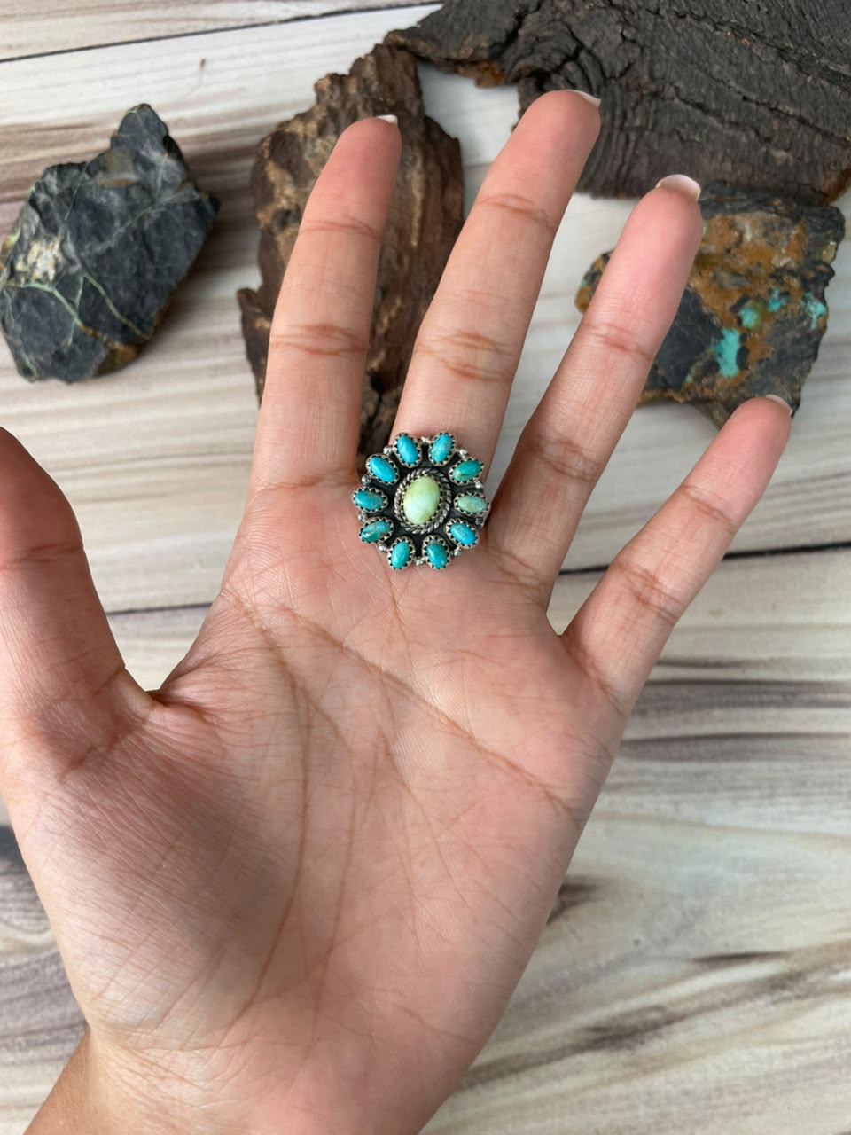 Handmade Sterling Silver Paloma with Kingman Turquoise Adjustable Ring Signed Nizhoni