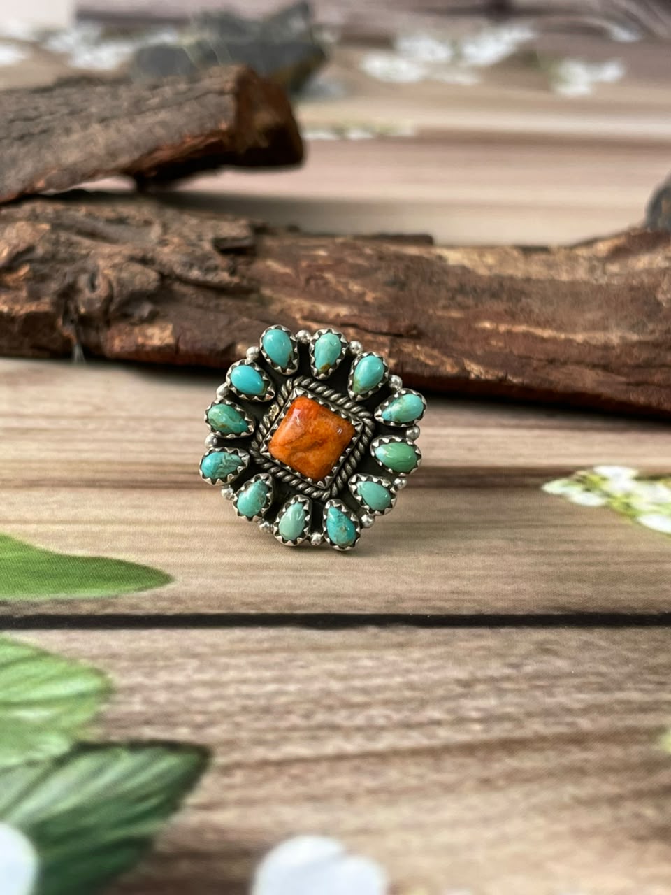 Handmade Sterling Silver Kingman Turquoise with Orange Mojave Adjustable Ring Signed Nizhoni
