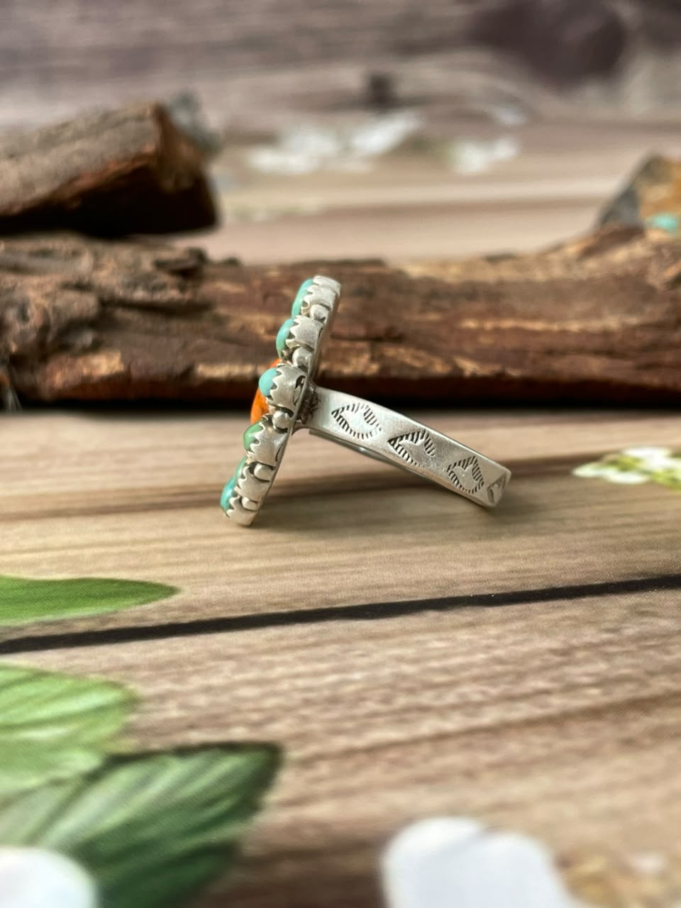 Handmade Sterling Silver Kingman Turquoise with Orange Mojave Adjustable Ring Signed Nizhoni