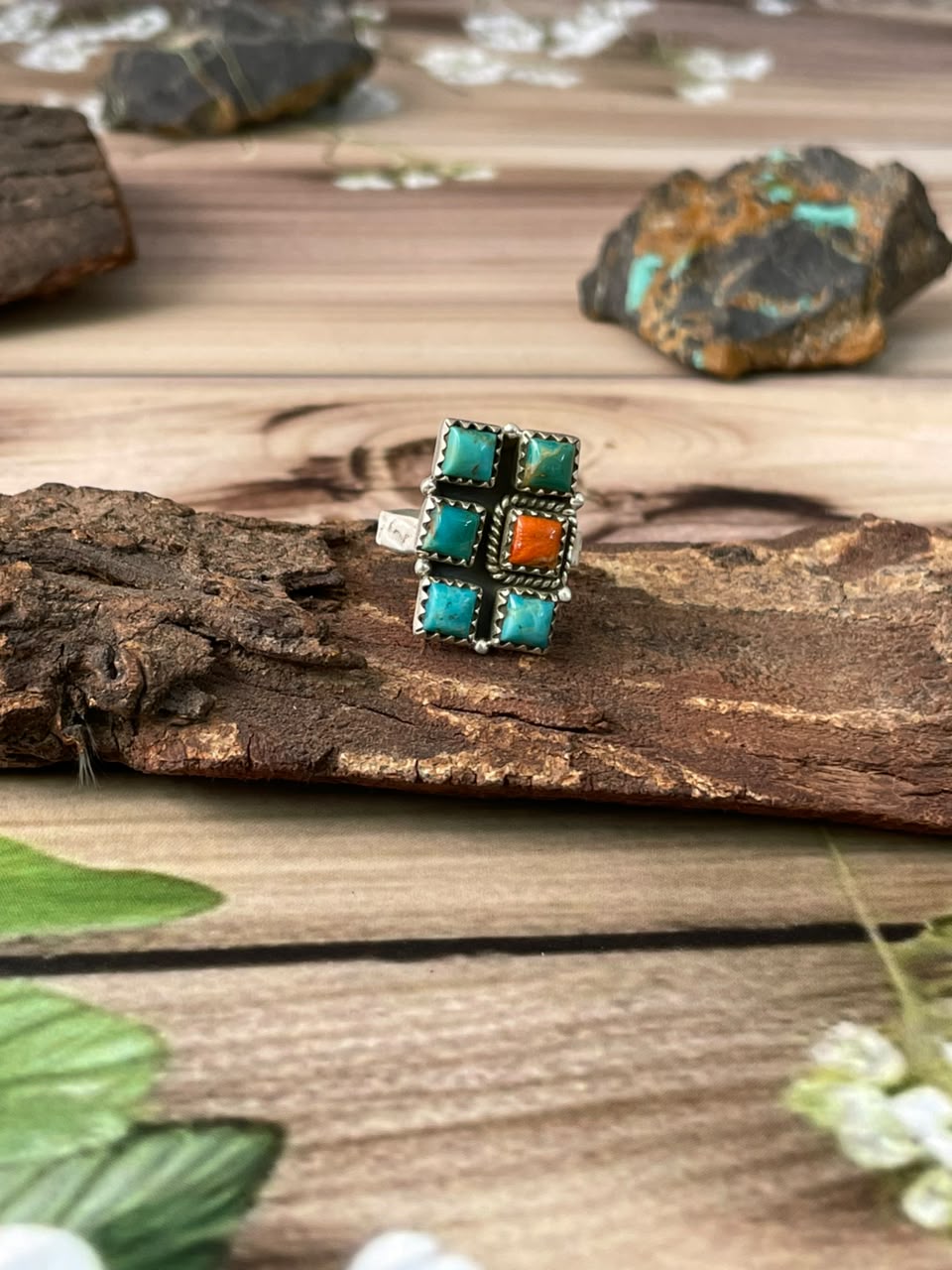 Handmade Sterling Silver Kingman Turquoise with Orange Mojave Adjustable Ring Signed Nizhoni