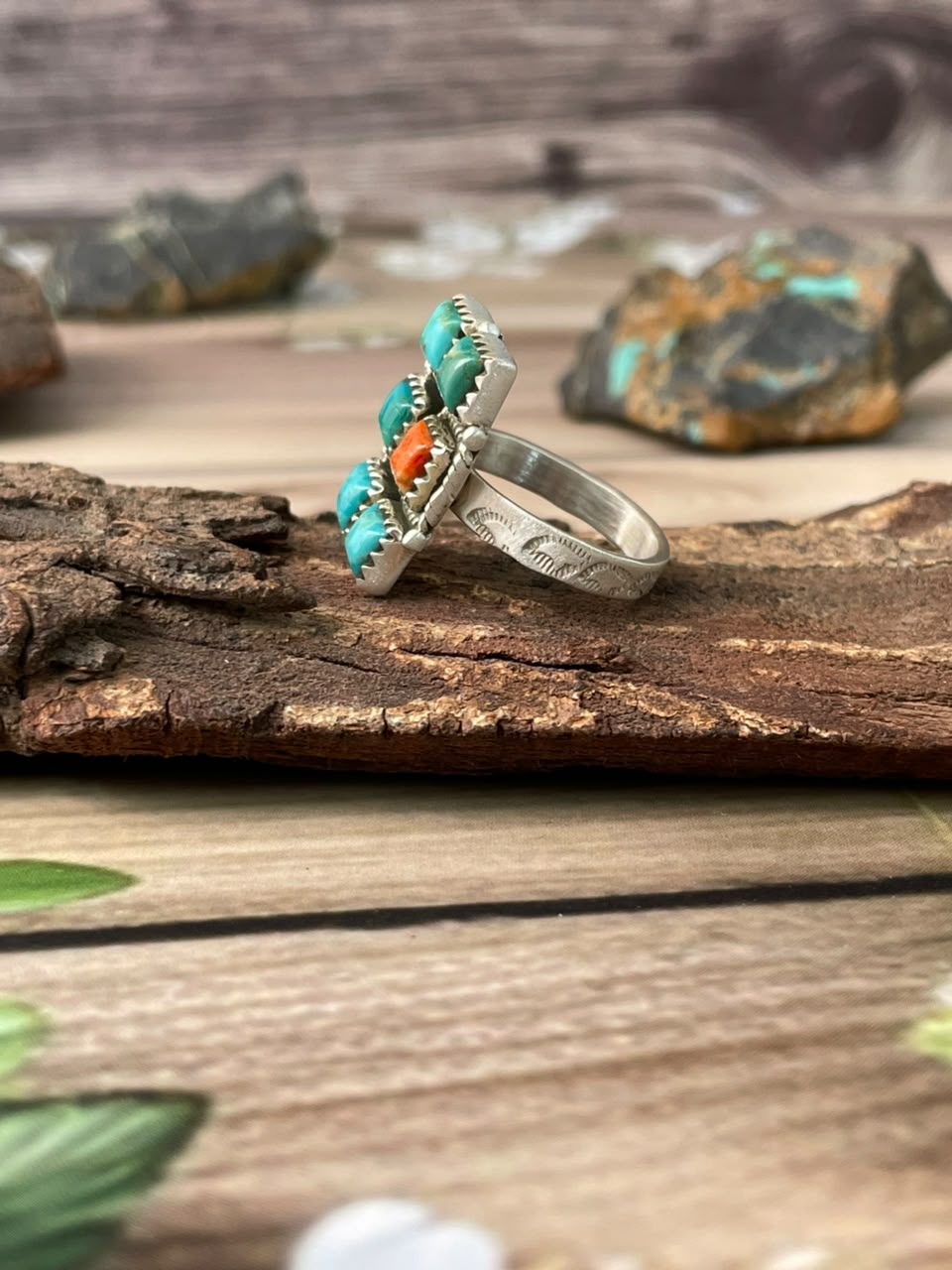 Handmade Sterling Silver Kingman Turquoise with Orange Mojave Adjustable Ring Signed Nizhoni