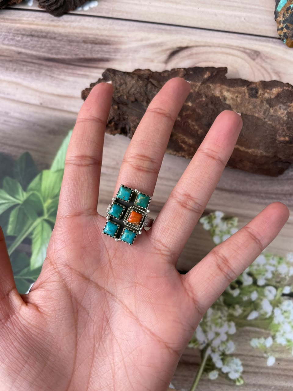 Handmade Sterling Silver Kingman Turquoise with Orange Mojave Adjustable Ring Signed Nizhoni