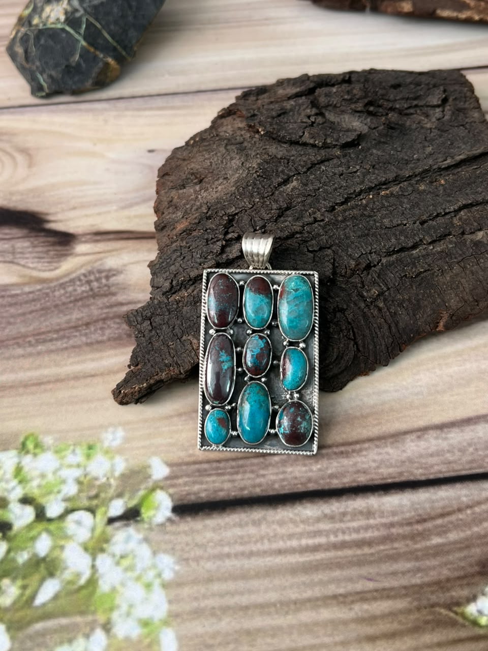 Handmade Sterling Silver Gem Silica Collection: Bar Pendant Signed Nizhoni