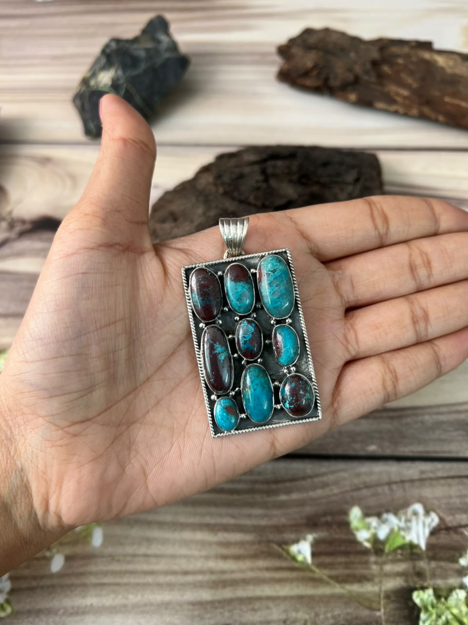 Handmade Sterling Silver Gem Silica Collection: Bar Pendant Signed Nizhoni