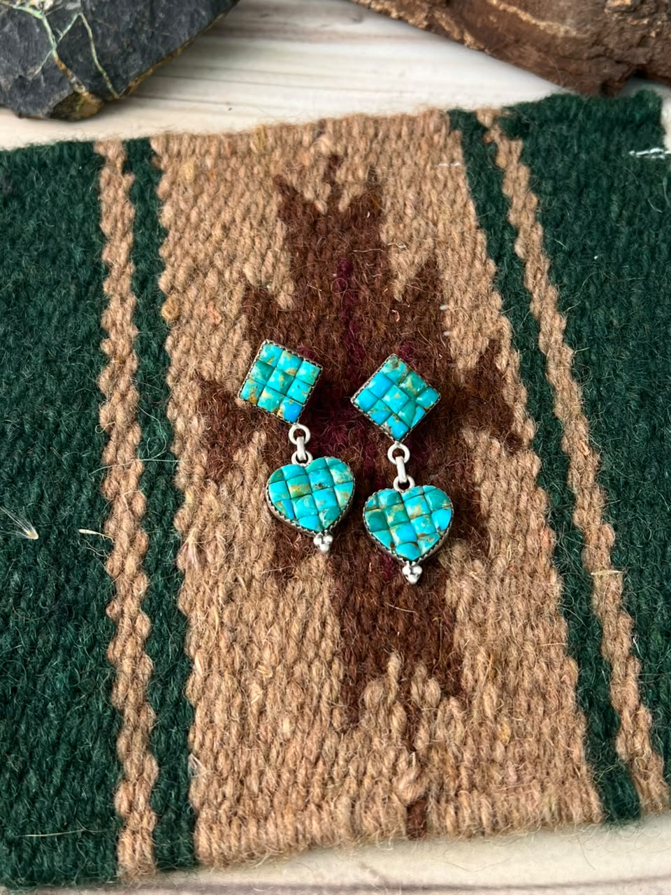 Handmade Sterling Silver Kingman Turquoise Cobble Stone Post Dangle Earrings Signed Nizhoni