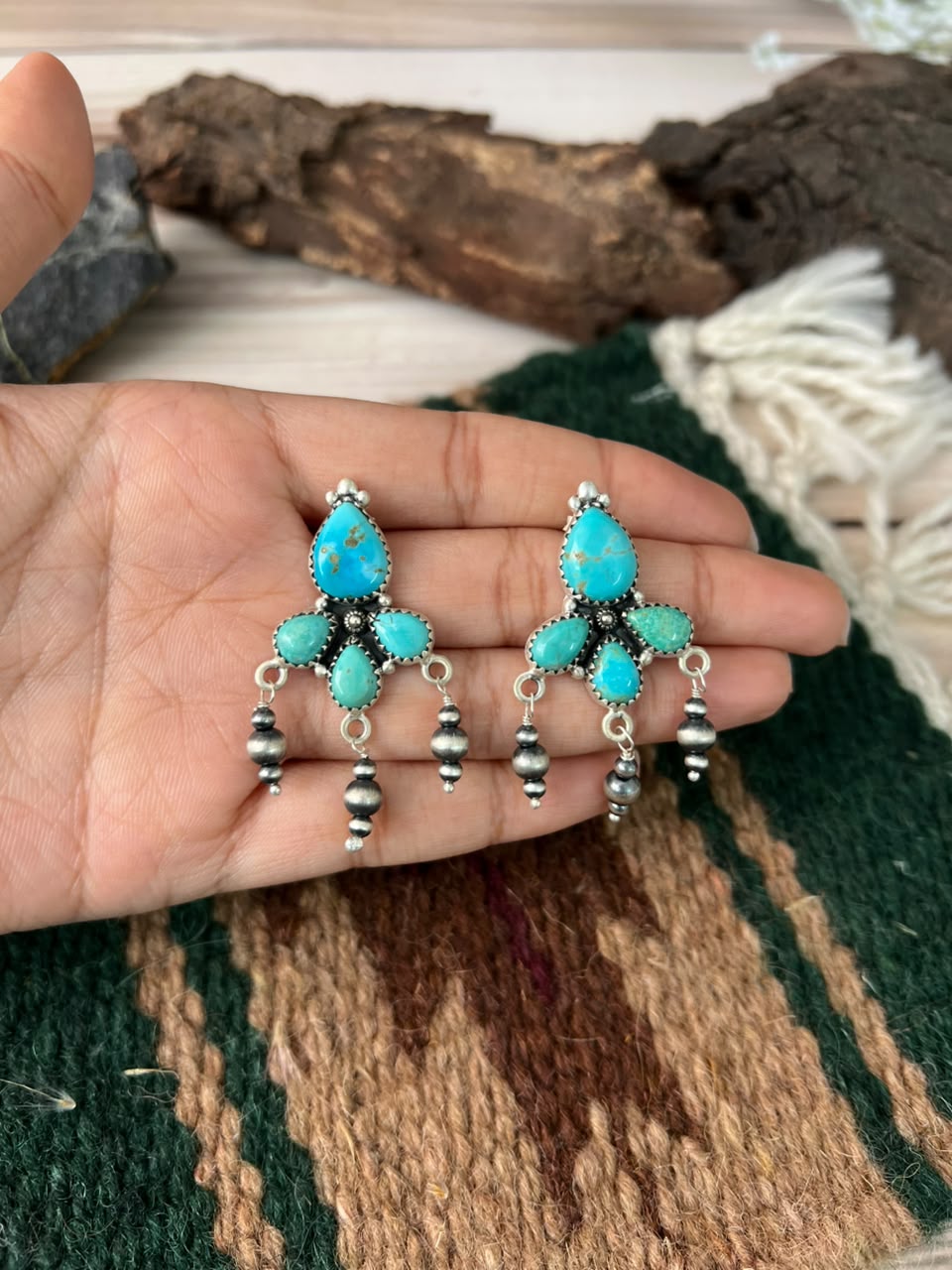 Handmade Sterling Silver Santa Maria Turquoise Post Dangle Beaded Earrings Signed Nizhoni