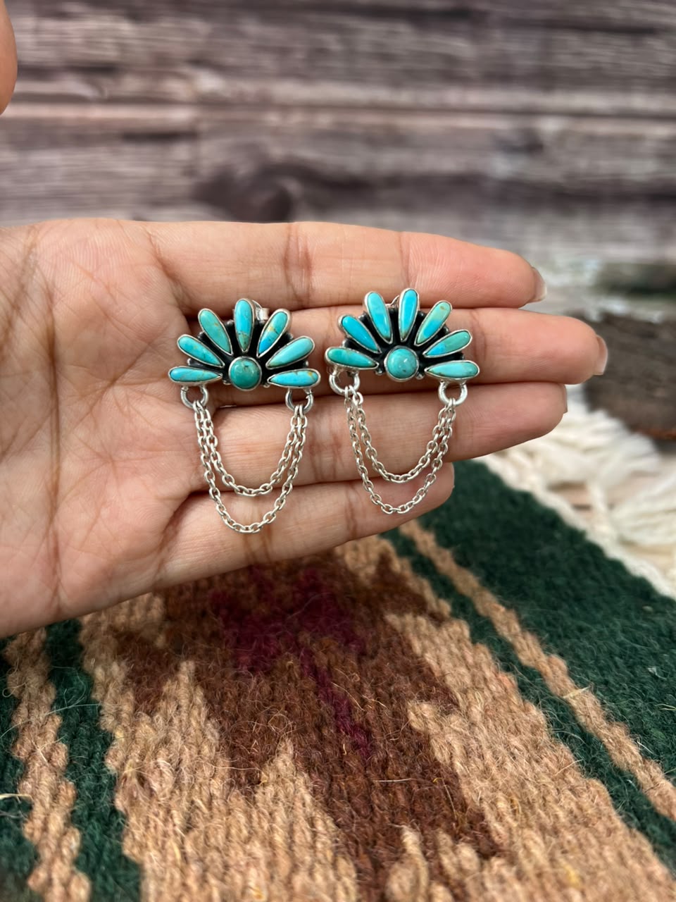 Handmade Sterling Silver Kingman Turquoise Post Dangle Earrings Signed Nizhoni