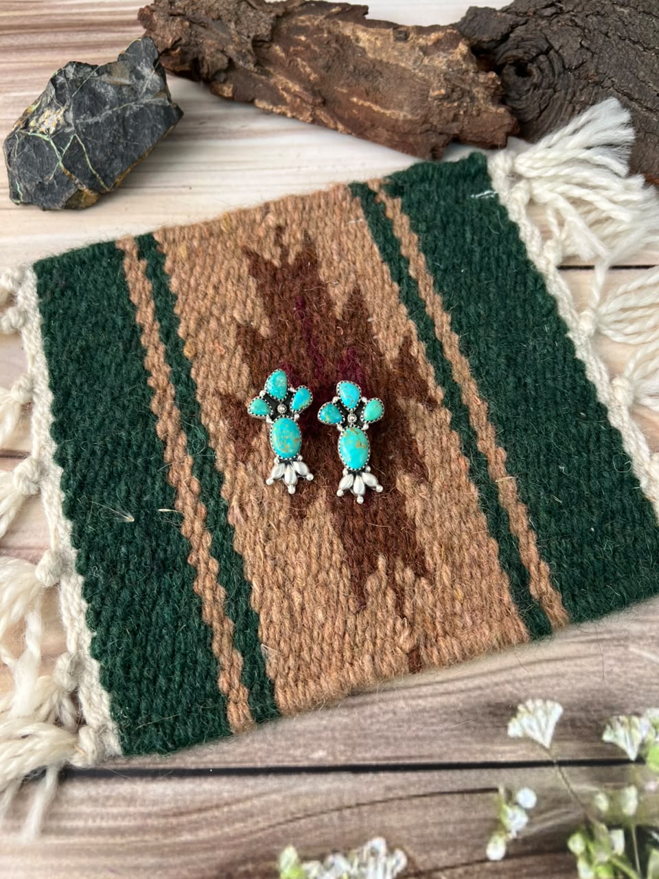 Handmade Sterling Silver Santa Maria Turquoise Post Studs Earrings Signed Nizhoni