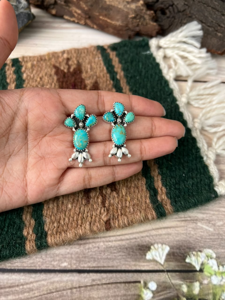 Handmade Sterling Silver Santa Maria Turquoise Post Studs Earrings Signed Nizhoni