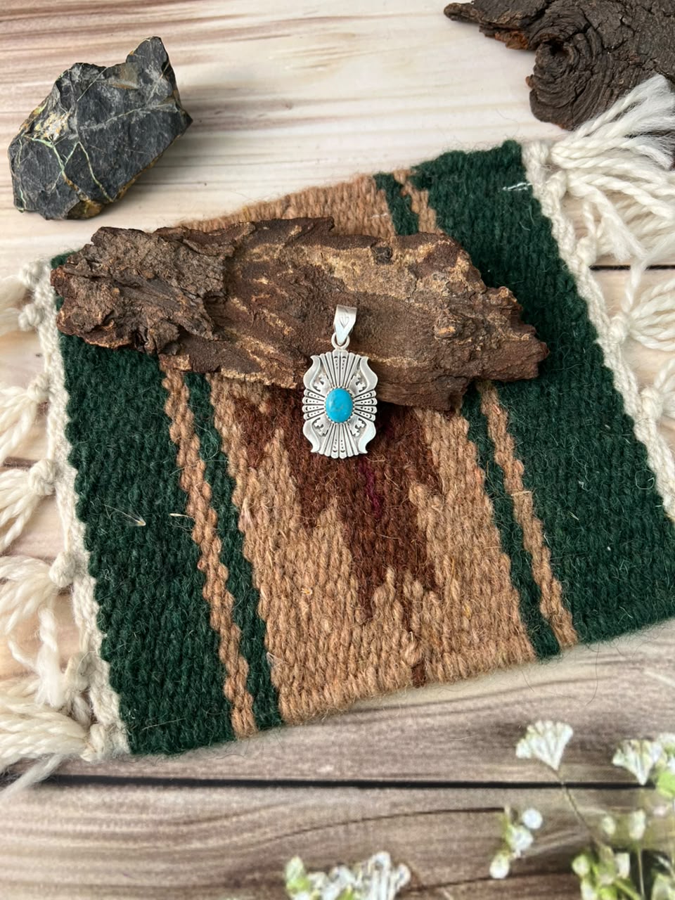 Handmade Sterling Silver Kingman Turquoise Pendant Signed Nizhoni