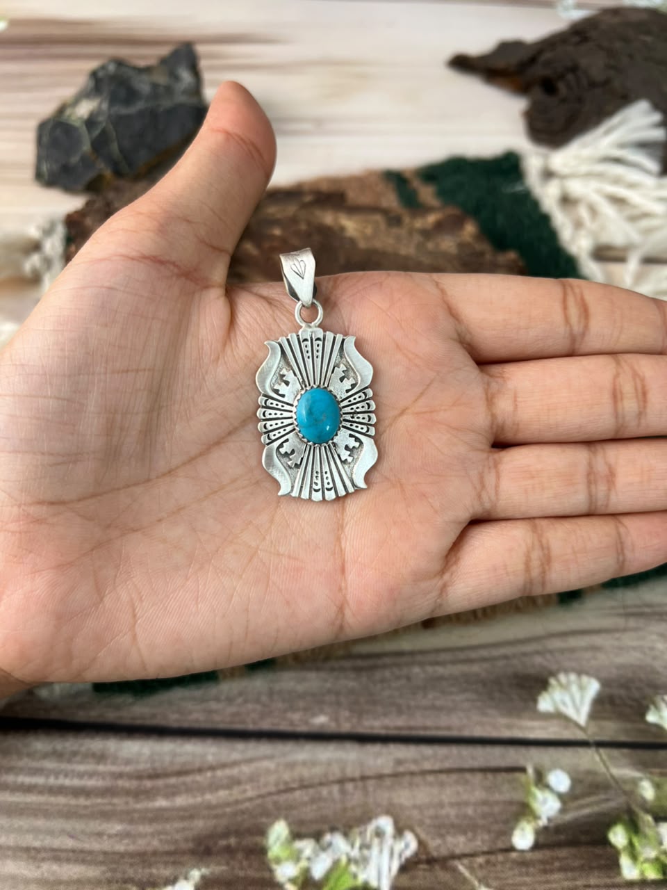 Handmade Sterling Silver Kingman Turquoise Pendant Signed Nizhoni