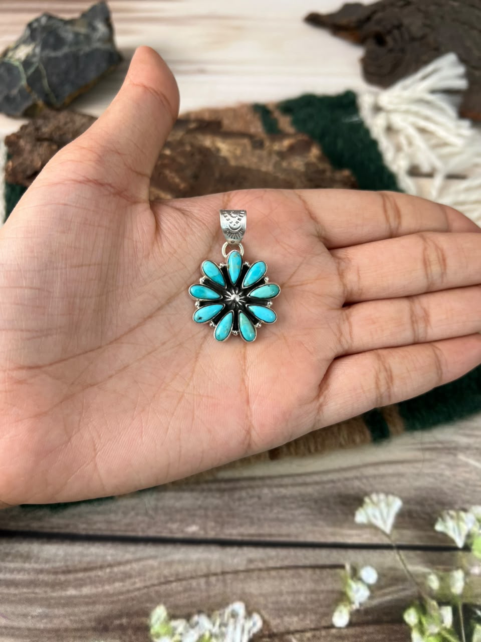 Handmade Sterling Silver Kingman Turquoise Pendant Signed Nizhoni